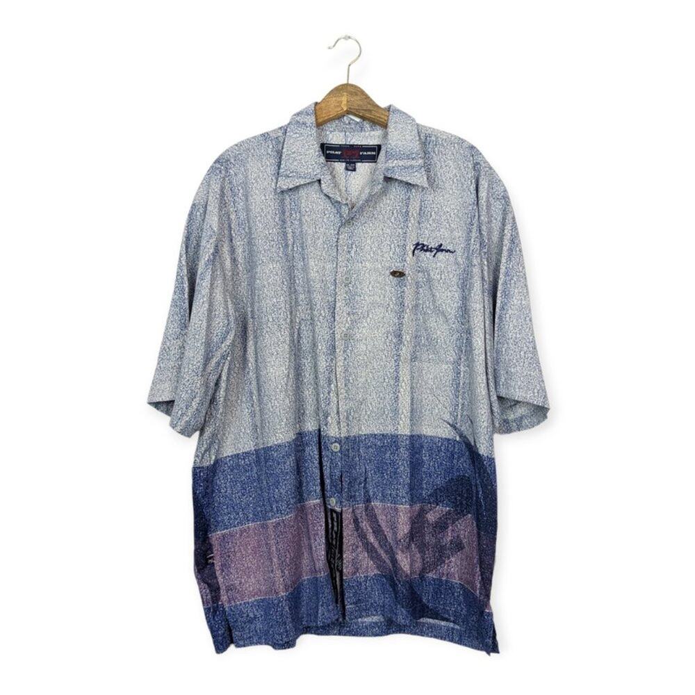 Phat Farm Y2K Blue Patterned Short Sleeve Casual Button Down Shirt Size XL